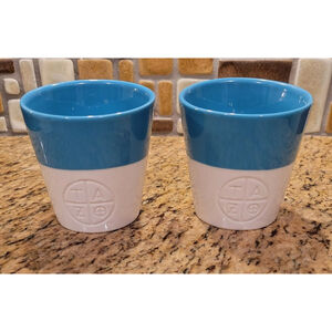 Pair (2) Starbucks 2012 TAZO Slant Tea Cups - Blue & White w/ No Handle Mug